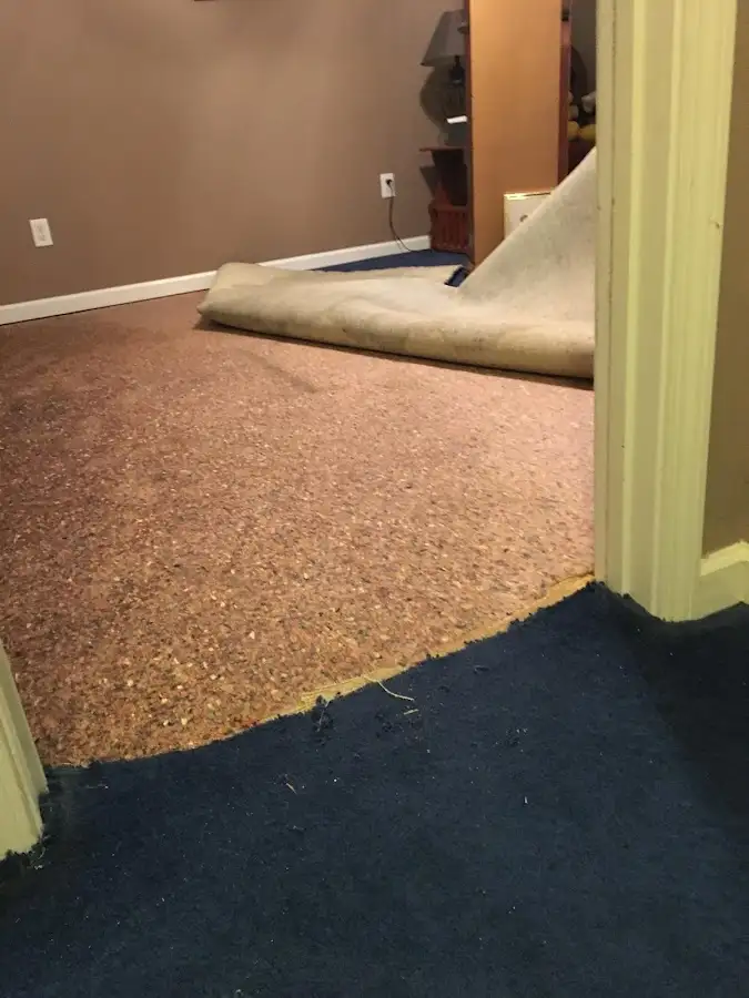 Carpet pad removal revealing water damage during Water Mitigation Services in Marietta